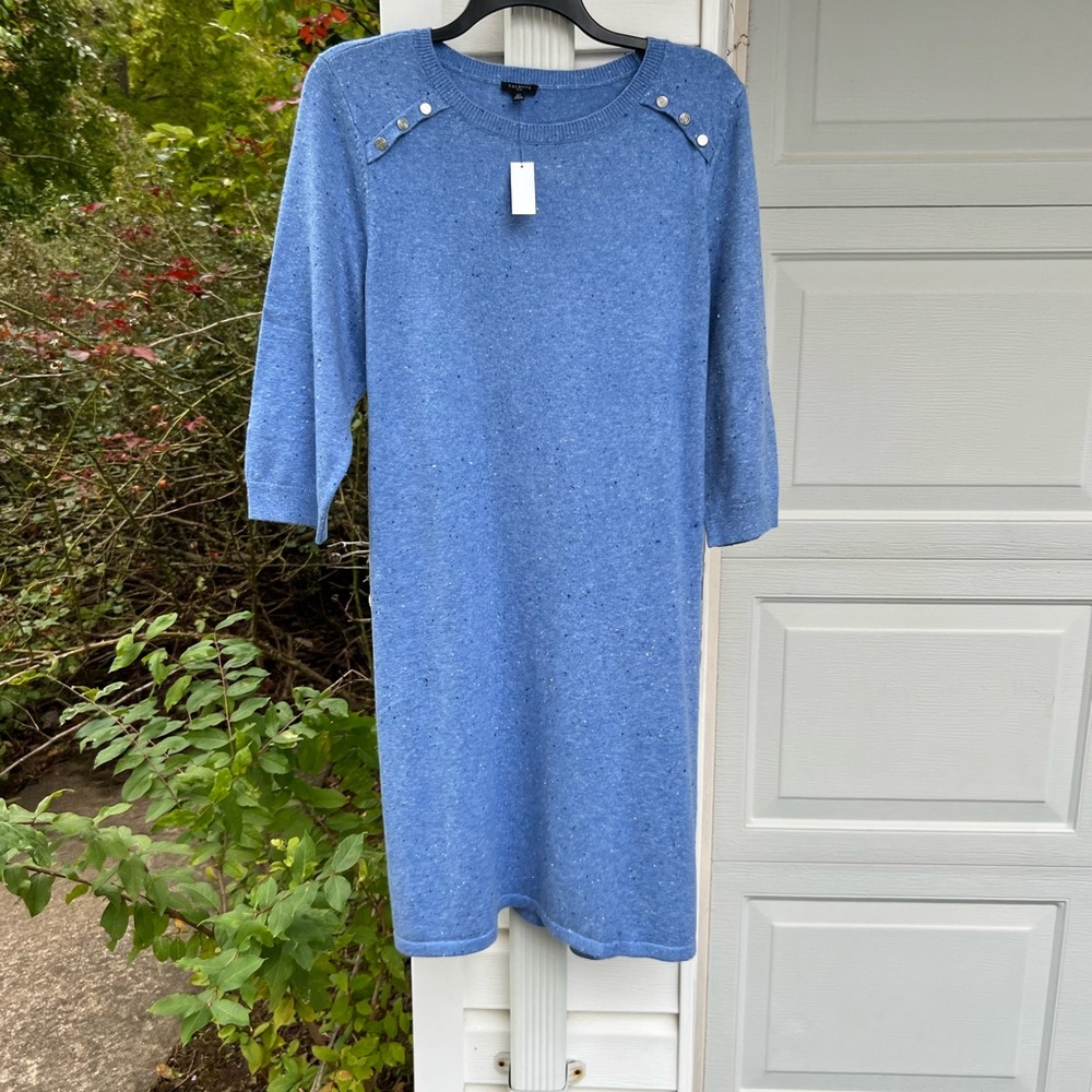 NWT Talbots Cozy Blue White Blue Flecks Shoulder Buttons Sweater Dress - Picture 8 of 8